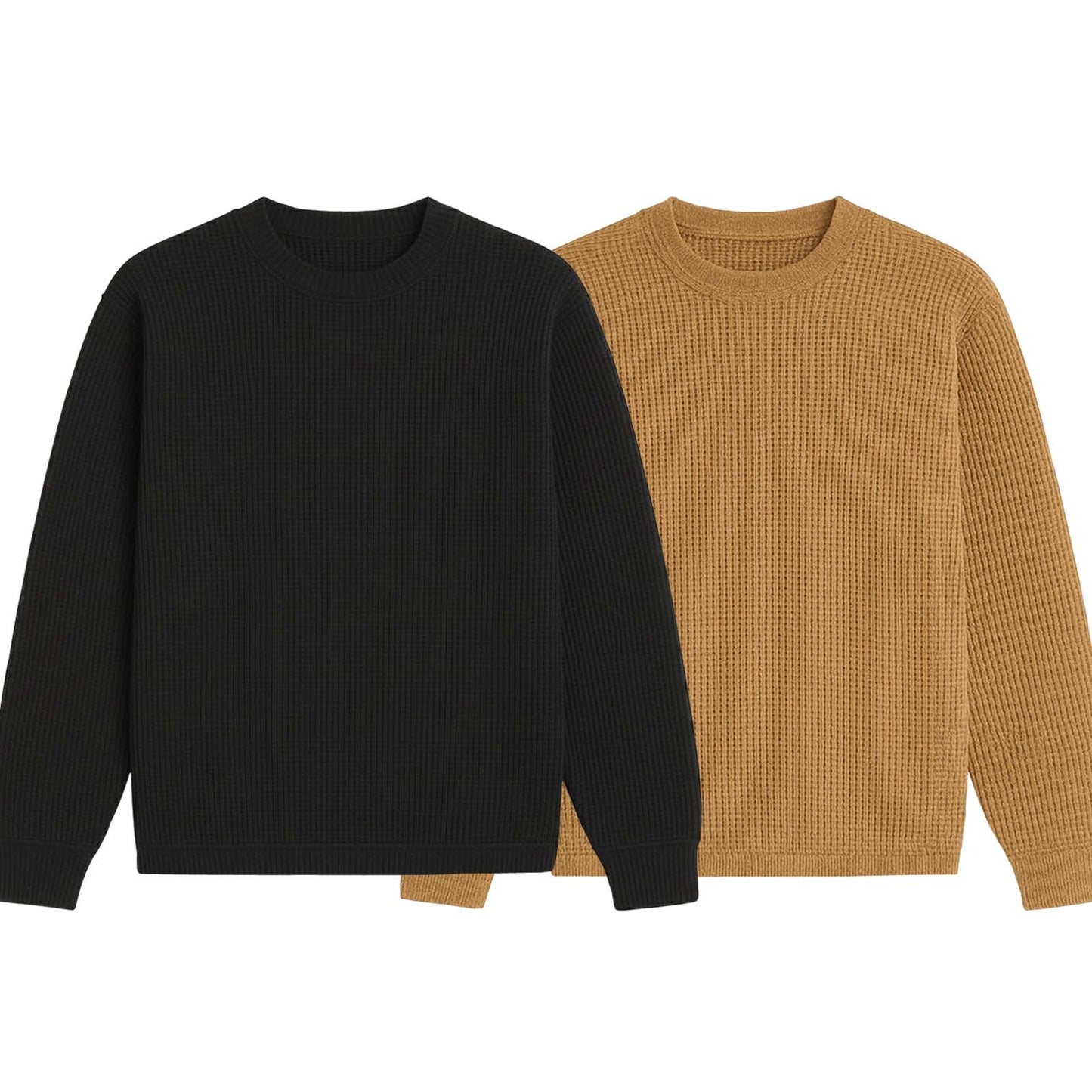 2 Pieces Waffle Knit SweatShirt ( BLACK & CAMEL )
