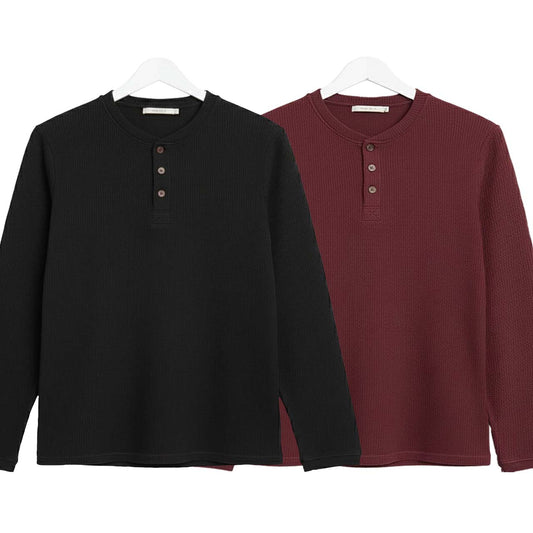 Pack of 2 WAFFLE KNIT HENLEY T-Shirts ( Black & Mahroon )
