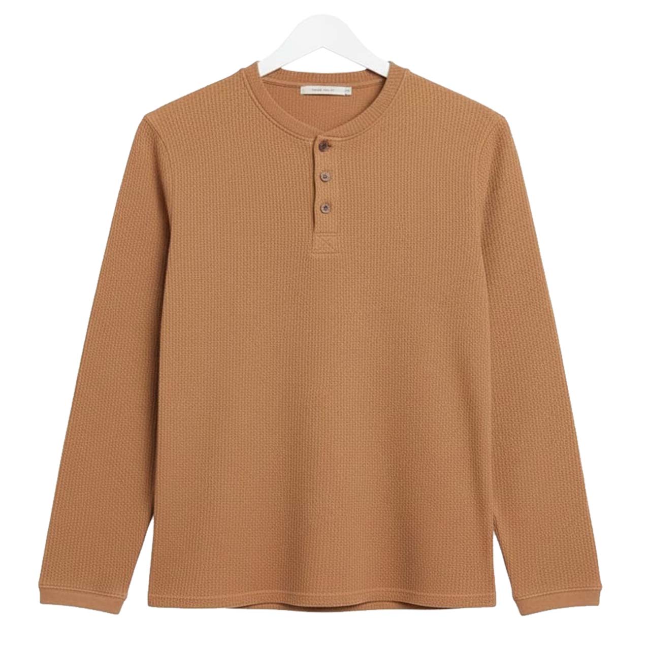 CAMEL WAFFLE KNIT HENLEY Long Sleeves T-Shirt