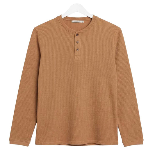 CAMEL WAFFLE KNIT HENLEY Long Sleeves T-Shirt