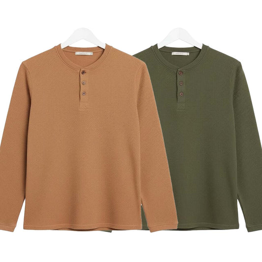 Pack of 2 WAFFLE KNIT HENLEY T-Shirts ( Camel & Green )