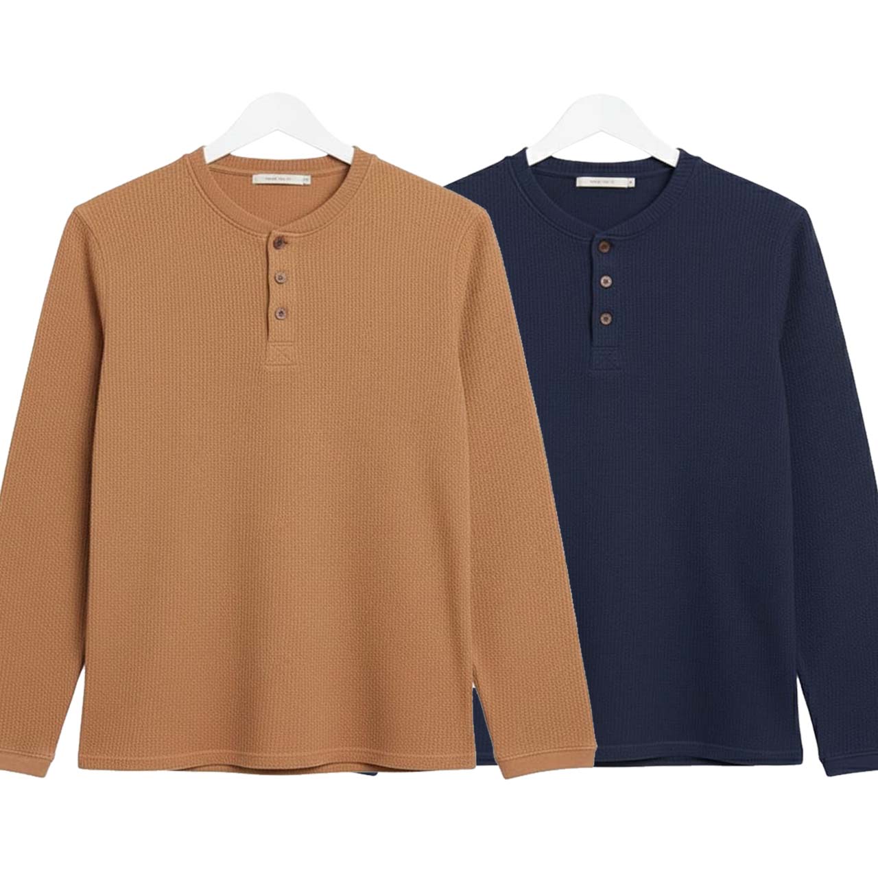 Pack of 2 WAFFLE KNIT HENLEY T-Shirts ( Camel & Navy )
