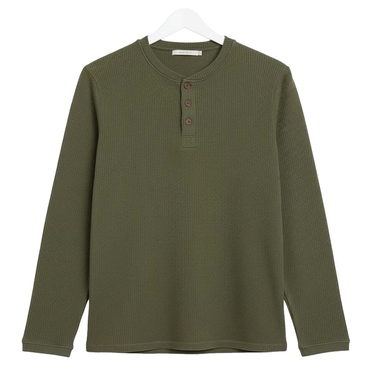 GREEN WAFFLE KNIT HENLEY Long Sleeves T-Shirt