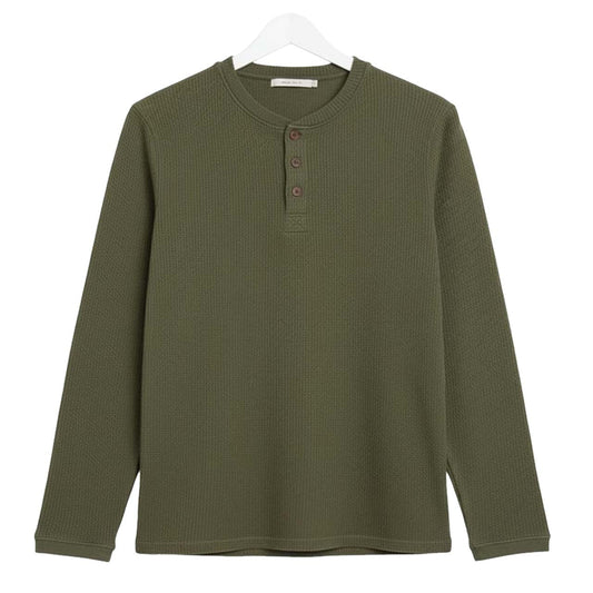 GREEN WAFFLE KNIT HENLEY Long Sleeves T-Shirt