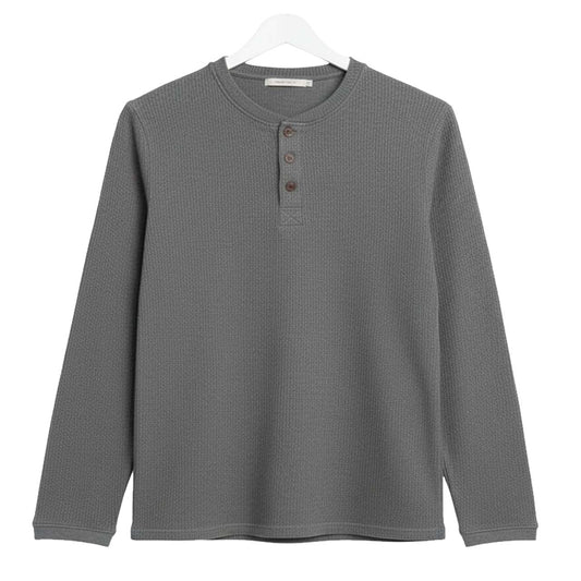 GREY WAFFLE KNIT HENLEY Long Sleeves T-Shirt