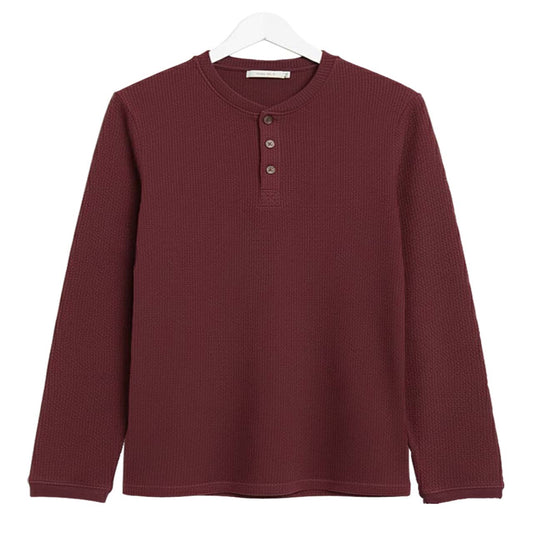 MAROON WAFFLE KNIT HENLEY Long Sleeves T-Shirt