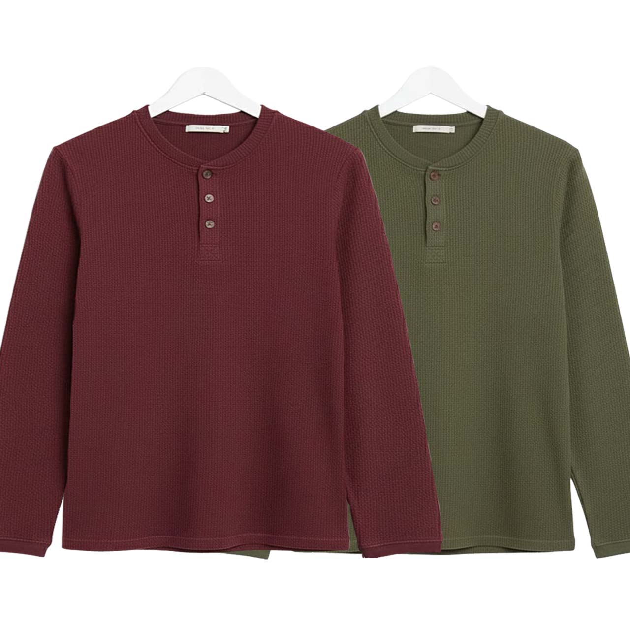 Pack of 2 WAFFLE KNIT HENLEY T-Shirts ( Maroon & Green )