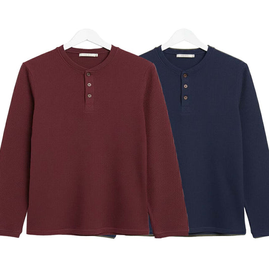 Pack of 2 WAFFLE KNIT HENLEY T-Shirts ( Maroon & Navy )