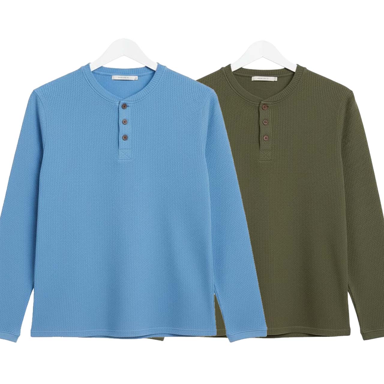 Pack of 2 WAFFLE KNIT HENLEY T-Shirts ( Sky-Blue & Green )