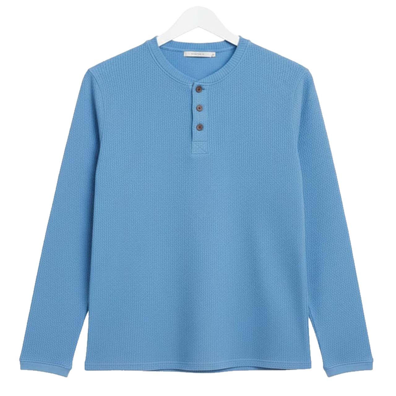 SKY-BLUE WAFFLE KNIT HENLEY Long Sleeves T-Shirt